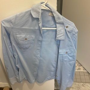 TORY BURCH Brigitte Blue Cotton Voile Gold Button Up Roll Tab Shirt Top, Size 4